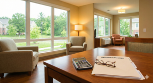 Modern senior living apartment at Avery Heights highlighting financial planning for retirement.