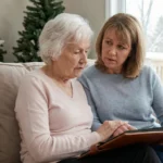An adult daughter supporting her elderly mother after noticing signs of dementia after a holiday visit.