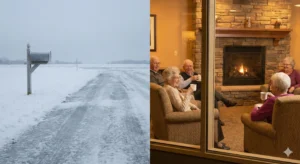 Contrast between the hazards of a snowy driveway and the warm, safe interior of Avery Heights senior living.