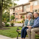 Senior couple holding hands at Avery Heights, a continuum of care community for couples with different needs.