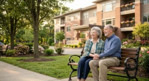 Senior couple holding hands at Avery Heights, a continuum of care community for couples with different needs.
