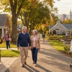 Explore vibrant senior living in Hartford, CT. This image captures the active, diverse community and continuum of care at a premier CCRC, featuring happy residents enjoying beautiful autumn grounds, independent walking paths, and compassionate assisted living support, all with a stunning view of the downtown Hartford skyline. Discover your ideal retirement lifestyle today.
