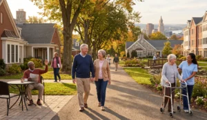Explore vibrant senior living in Hartford, CT. This image captures the active, diverse community and continuum of care at a premier CCRC, featuring happy residents enjoying beautiful autumn grounds, independent walking paths, and compassionate assisted living support, all with a stunning view of the downtown Hartford skyline. Discover your ideal retirement lifestyle today.