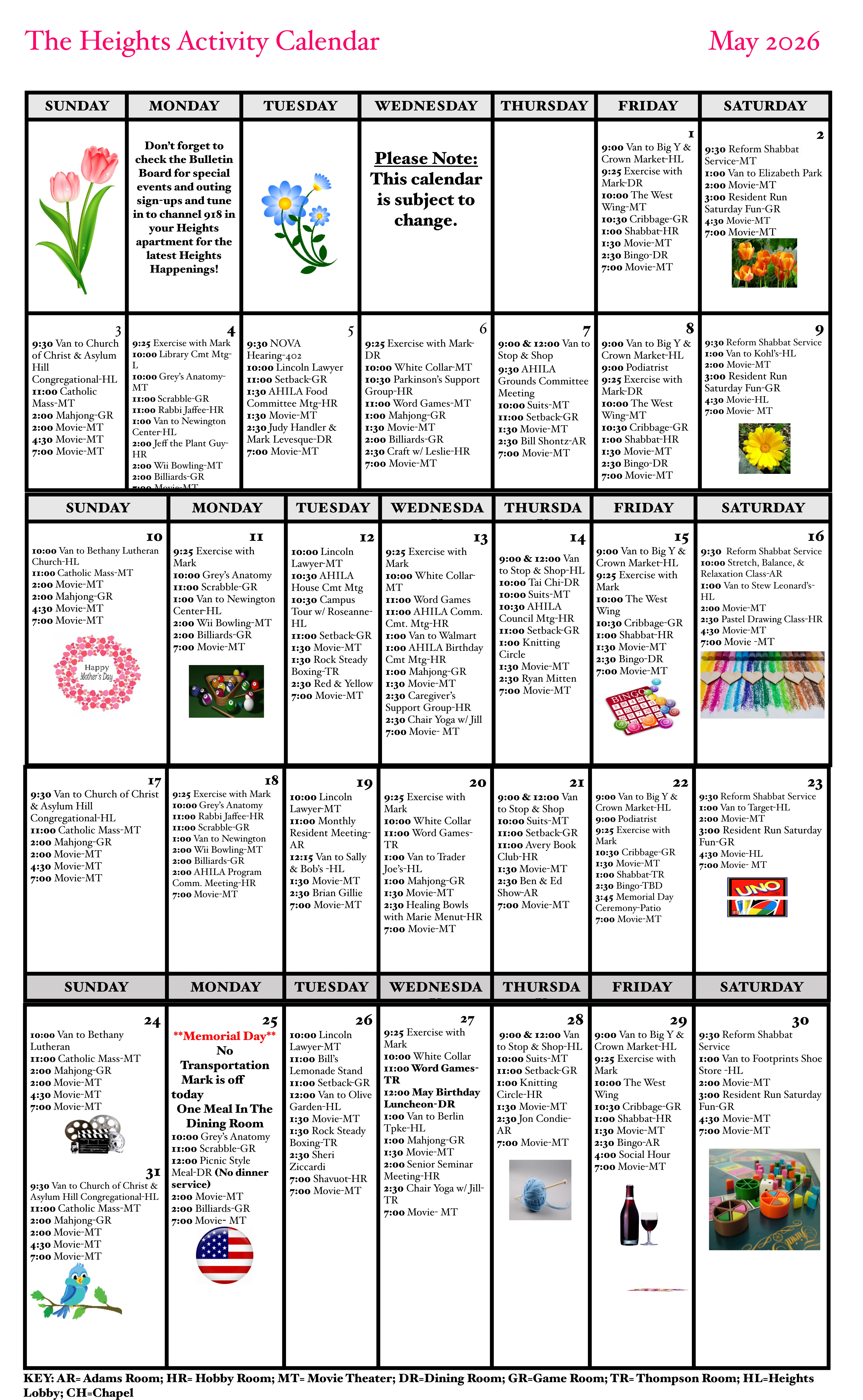 May 2026 The Heights activity calendar: a daily grid of events with decorative tulip illustrations on some days and a Note column on others.