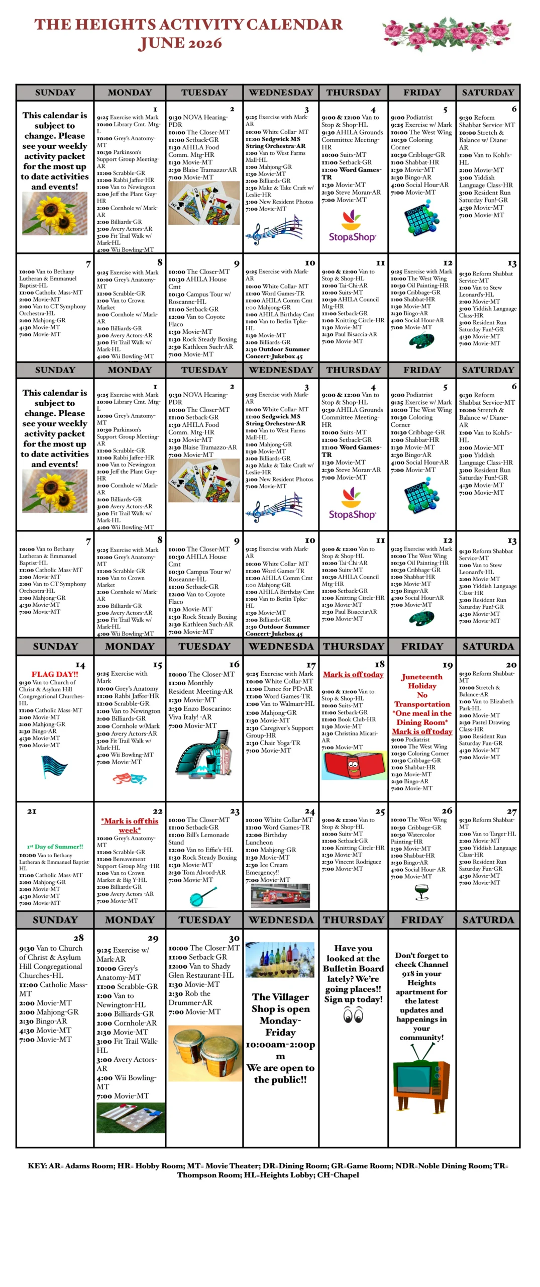June 2026 Heights Activity Calendar: a dense, daily campus schedule from Sunday to Saturday with room abbreviations, events, and decorative flowers in the header.