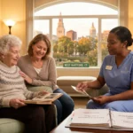 Elderly woman and another caregiver look through a photo album on a sofa as a nurse in blue scrubs sits nearby in a cozy living room with a window view of Hartford outside.