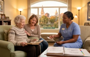 Elderly woman and another caregiver look through a photo album on a sofa as a nurse in blue scrubs sits nearby in a cozy living room with a window view of Hartford outside.