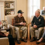 Group of veterans and a young volunteer chatting in a living room with a bookshelf, flag, and 'Honoring Our Veterans' display.