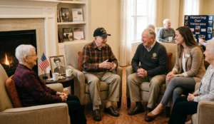 Group of veterans and a young volunteer chatting in a living room with a bookshelf, flag, and 'Honoring Our Veterans' display.
