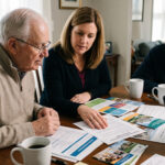 Three adults sit at a table reviewing colorful brochures while a laptop is open, suggesting a planning meeting at home or office.