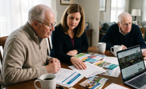 Three adults sit at a table reviewing colorful brochures while a laptop is open, suggesting a planning meeting at home or office.