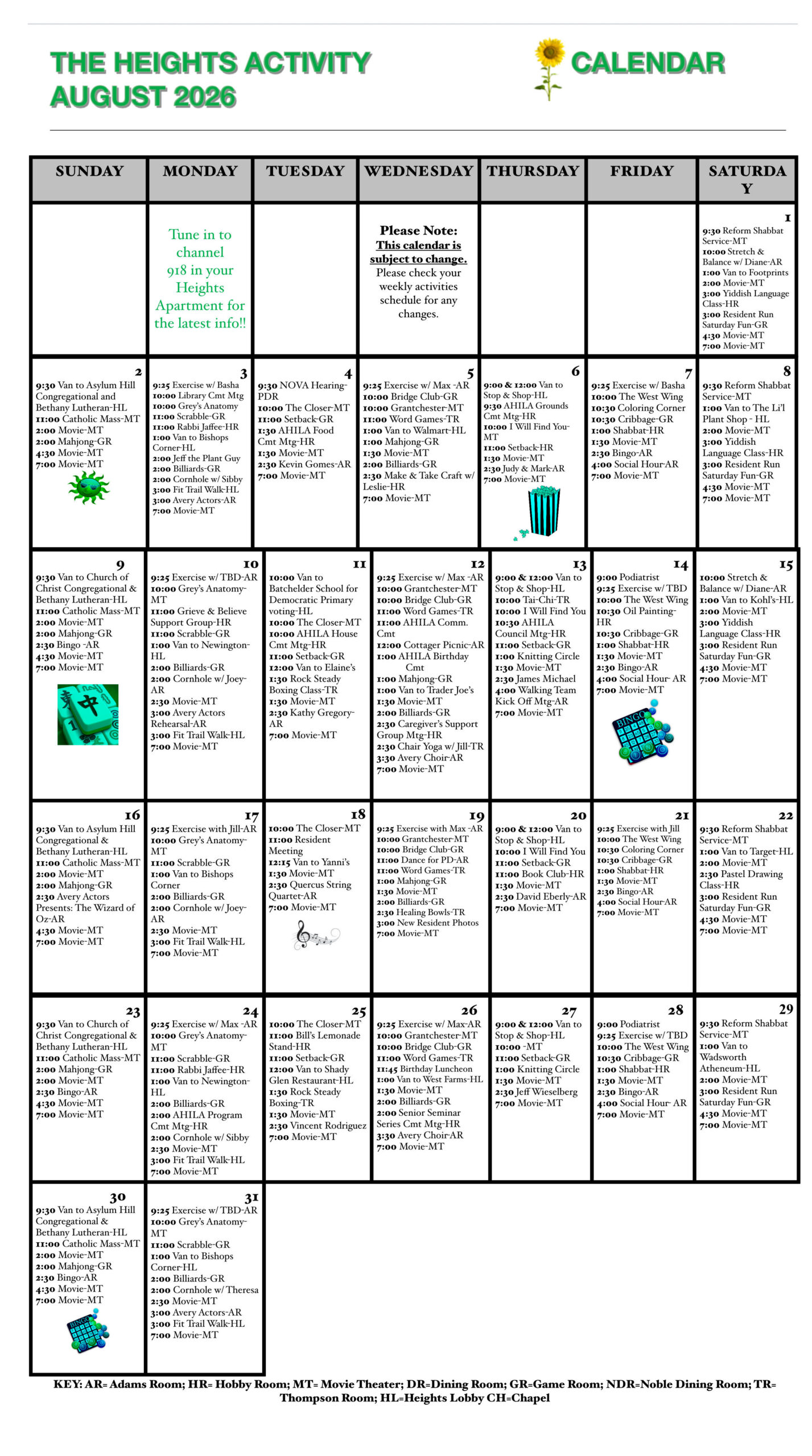 August 2026 The Heights activity calendar showing daily events and times in a Sunday–Saturday grid.