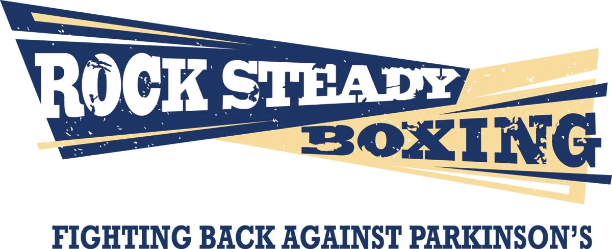Rock Steady Boxing logo with blue and beige geometric ribbons and the slogan 'Fighting Back Against Parkinson's' below it.