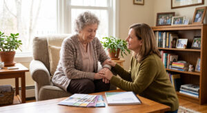 Two women share a comforting moment: one elderly woman holds the other's hand in a sunny living room with a plant and photos on a shelf nearby.” ,