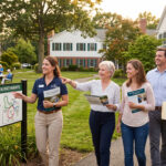 Group of four adults walking along a campus path, looking at a 'Campus Life Plan Pathways' info sign and holding brochures.