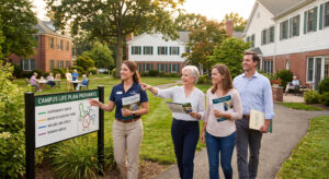 Group of four adults walking along a campus path, looking at a 'Campus Life Plan Pathways' info sign and holding brochures.