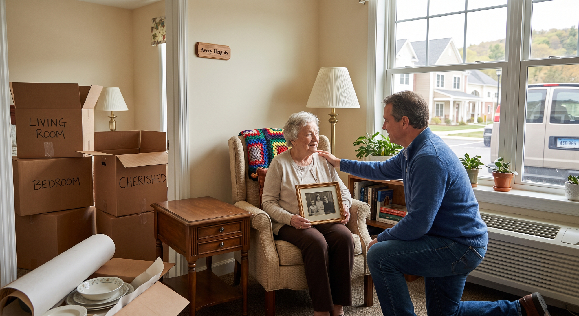 How to Move a Parent to Assisted Living in Connecticut - Avery Heights Older woman sitting in a chair holding a framed family photo while a man kneels beside her in a living room with moving boxes nearby.