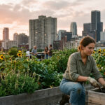Woman in gloves tending tomato plants in a rooftop garden with sunflowers and a city skyline at sunset.