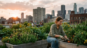 Woman in gloves tending tomato plants in a rooftop garden with sunflowers and a city skyline at sunset.
