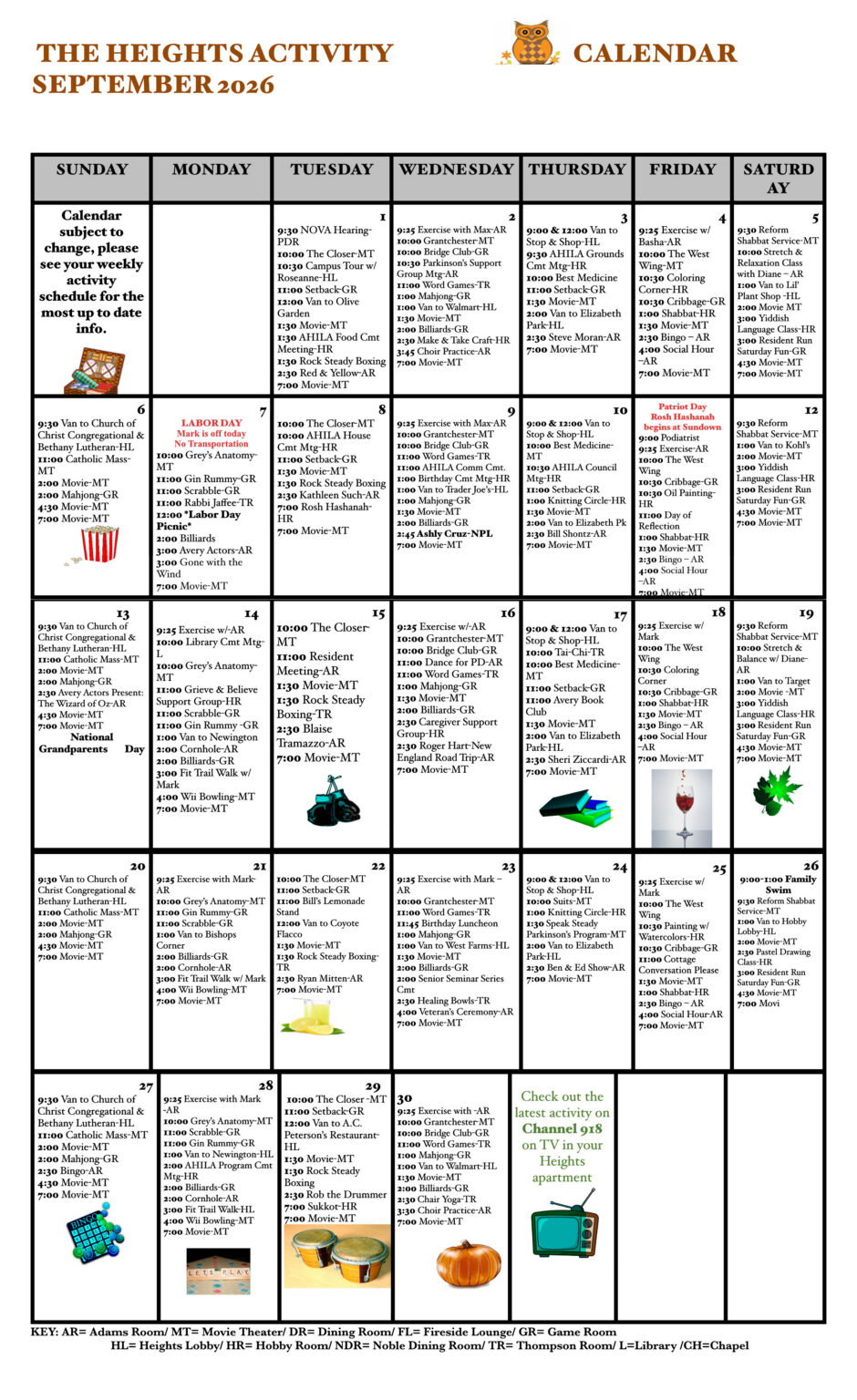 The Heights September 2026 activity calendar: a grid of daily events with room codes and small icons.