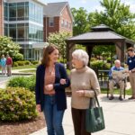 Residents and staff socialize in a sunny senior living campus courtyard with a bocce court and gazebo on site.
