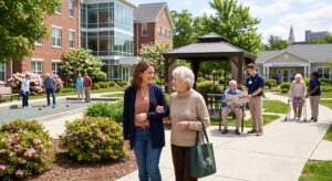 Residents and staff socialize in a sunny senior living campus courtyard with a bocce court and gazebo on site.