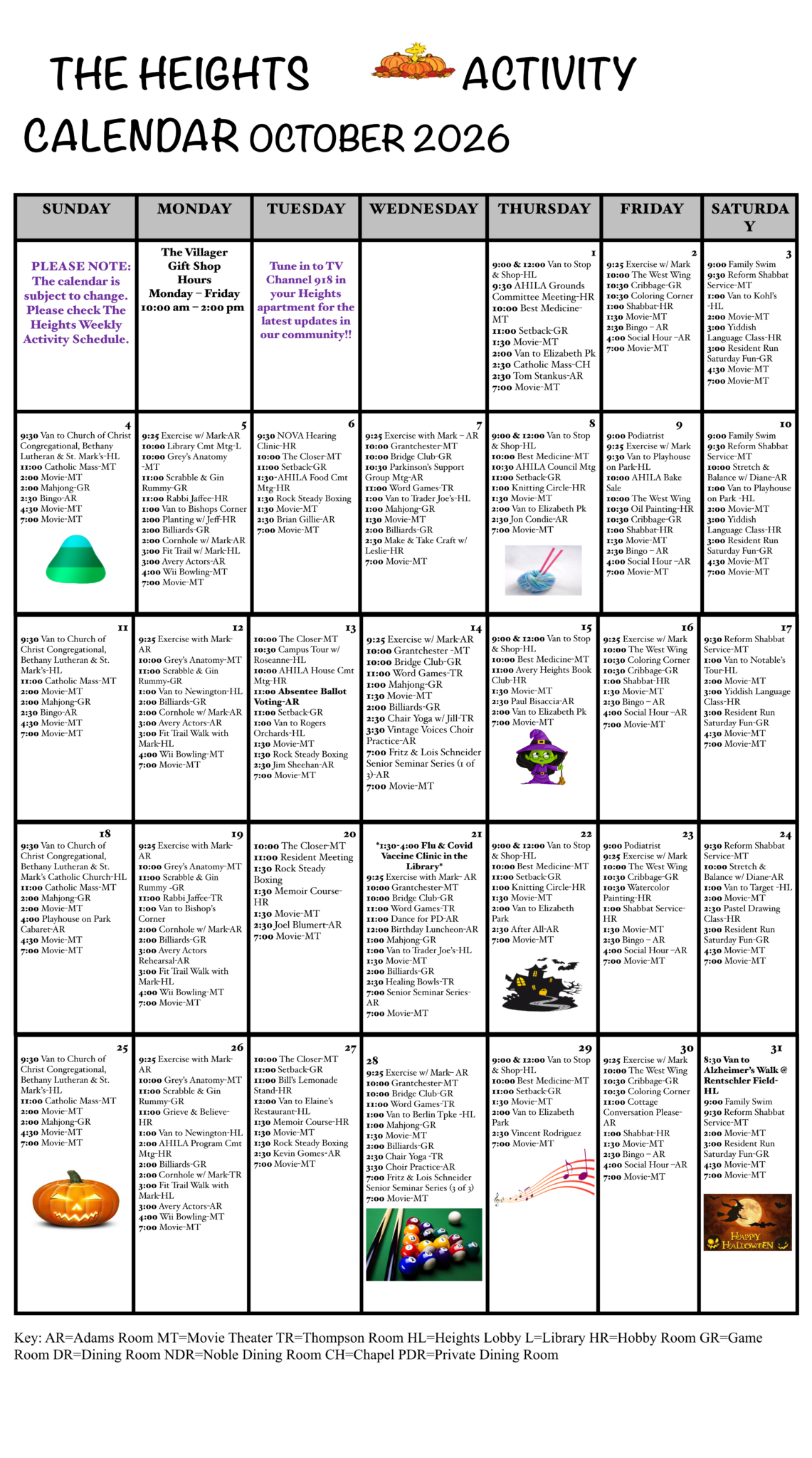 october 2026_1 - Avery Heights October 2026 The Heights Activity calendar page showing a day-by-day grid of events and room locations for the month.